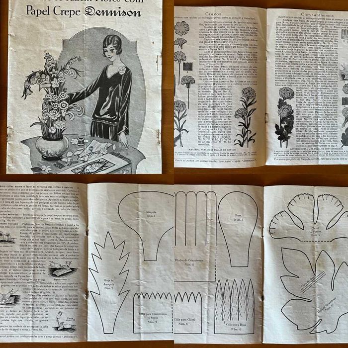 14 Folhetos de trabalhos manuais em papel crepe Dennison – anos 20/30