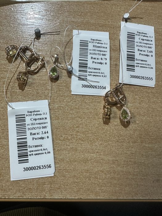 Сережки 2.64 з хризолітом 0.9ct  і підвіс (0,79г) золото 585 проба