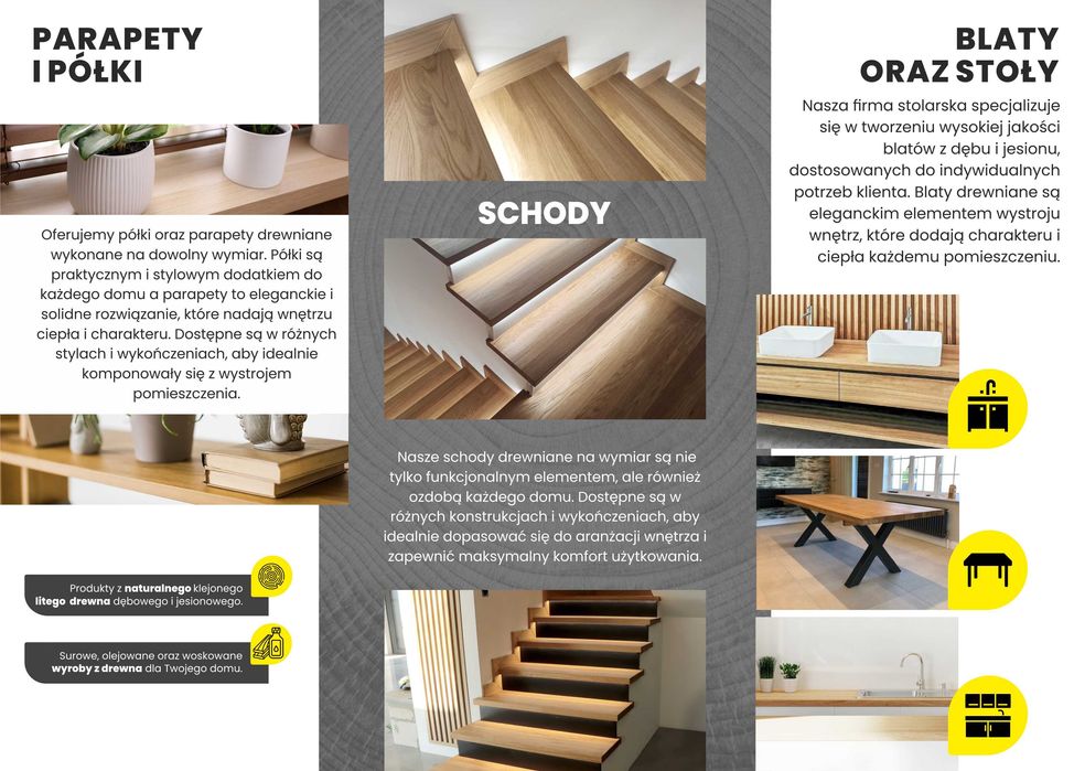 Schody drewniane dębowe lite zabiegowe, proste, podesty, parapety
