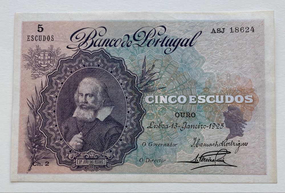 Nota 5$00 Escudos Ch.2 - Dr. Joao das Regras  13/01/1925 RARA