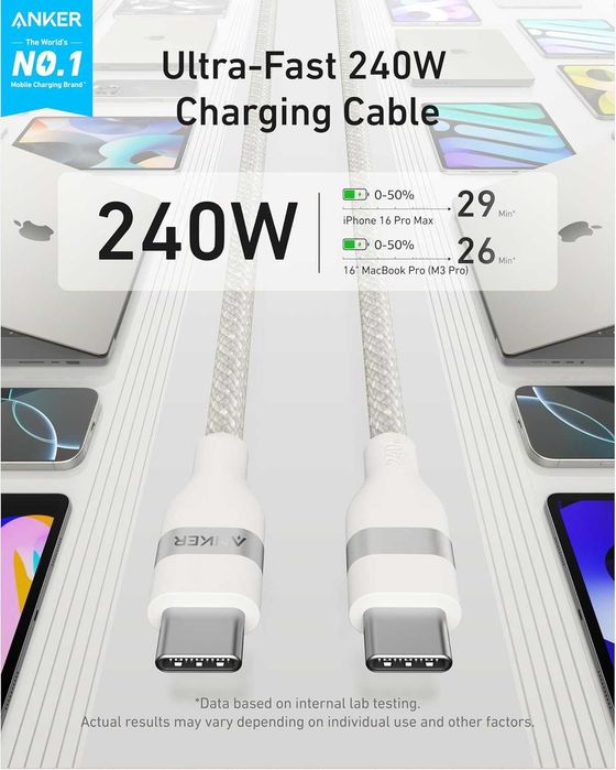 Кабель Anker Nano USB-C Cable 240W 1,8m білий, чорний