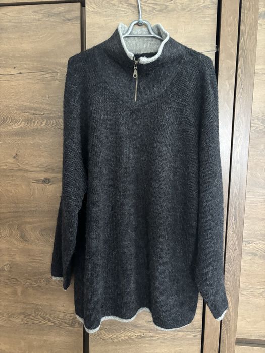 Sweter vintage 100% alpaka Amauta oversize L half-zip grafitowy premium