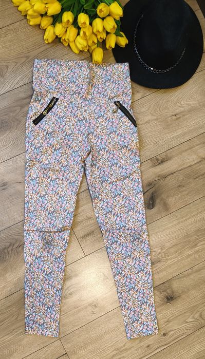 Spodnie w kwiaty wysoki stan ozdobne zamki damskie spodnie