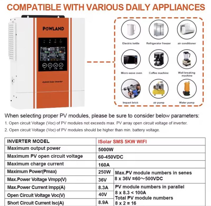 Powland 5000в 24в гибридный солнечный инвертор 5000w 24v wifi под солнечные панели lifepo4