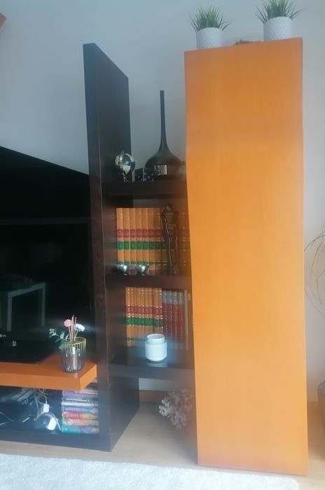 Móvel de TV em madeira e com vidro fosco preto