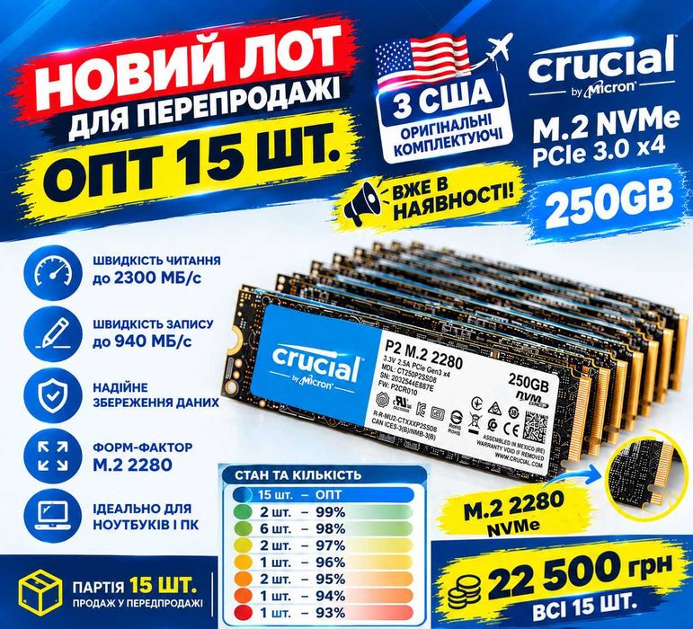 Жёсткий диск SSD M2 2280 Crucial NVMe 250 Gb 256Gb Оптом 15 шт 22500 грн