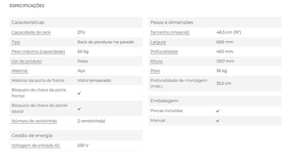 Armário Bastidor 19" 27U (600 x 450 x 1307 mm) Preto - LANBERG