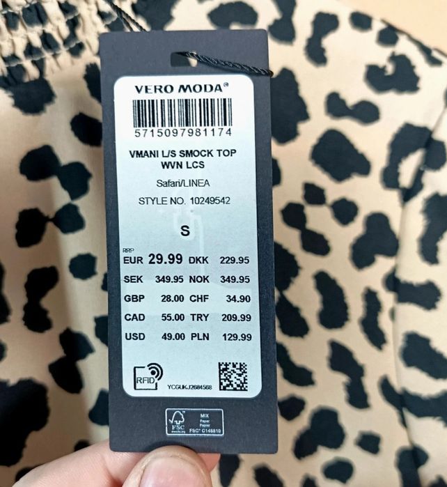 Vero Moda Bluzka Damska Beżowa Panterka Czarna Dalmatyńczyk TOP Balono