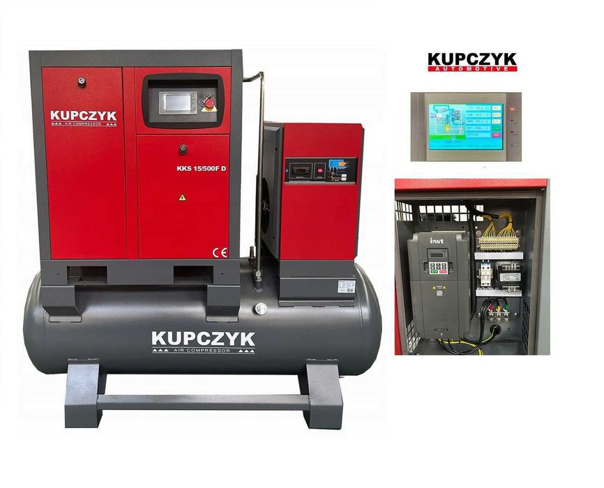 Kompresor śrubowy 1500 l/min 11 KW Falownik Osuszacz Filtry Kupczyk
