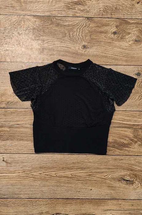 Bluzka top Reserved czarna błyszcząca srebrna groszki kropki