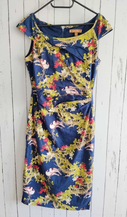 Sukienka midi Jolie Moi 10 S /M ptaki kwiaty Vintage Styl Retro