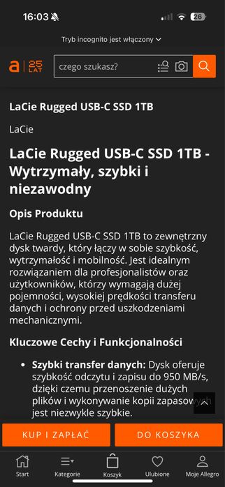 LaCie Rugged SSD 1TB USB-C nowy dysk okazja!