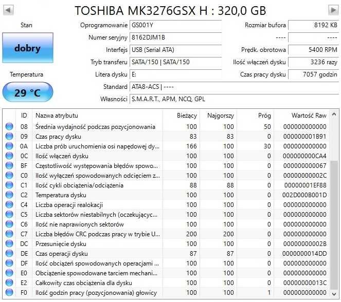 Dysk twardy HDD Toshiba 320GB, 2,5 cala, 5400 obr./min, SATA II, bufor 8 MB, MK3276GSX