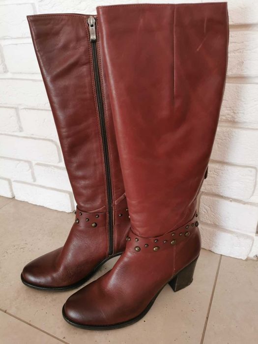 Buty damskie skórzane kozaki - brązowe