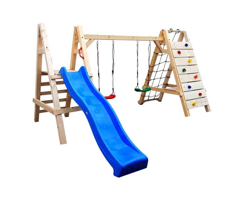 Drewniany Plac Zabaw do Ogrodu SMERF2.0 DUŻA Ścianka Ślizg 2Huśtawki