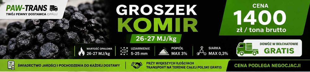 GROSZEK KOMIR 26–27 MJ/kg | Niski popiół | Dowóz GRATIS