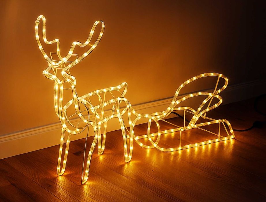 Świąteczna dekoracja LED Renifer z saniami 120 cm, ciepłe światło