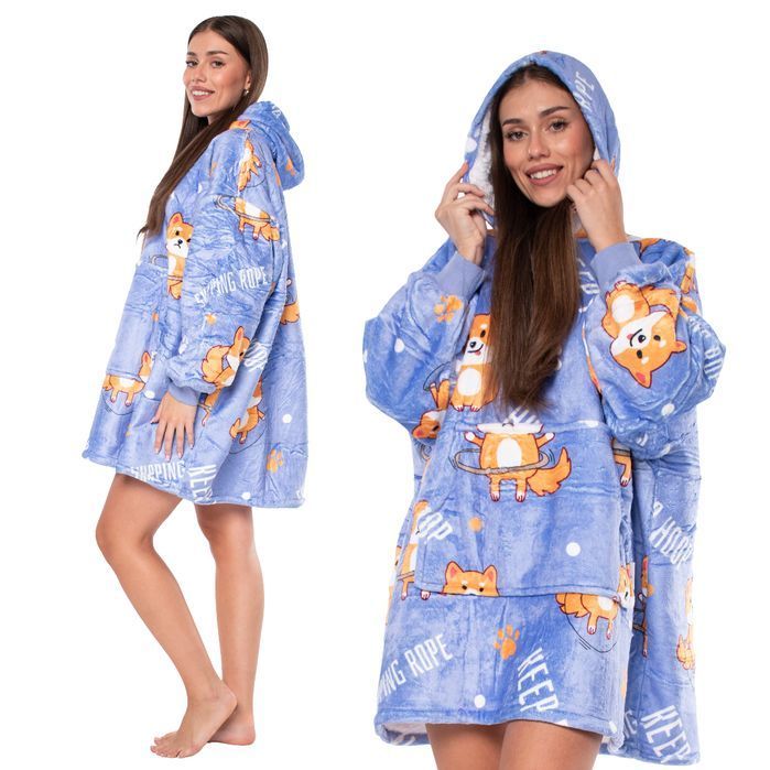 Bluza Koc Kocobluza 2w1 Oversize Kaptur Gruba Sherpa Fioletowa w Psy