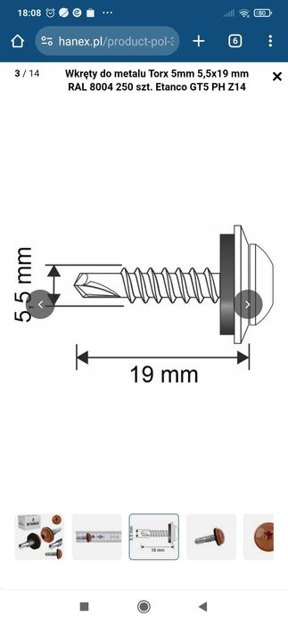 Wkręty to metalu torx 5,5x19mm Ral x 8004 x 250szt