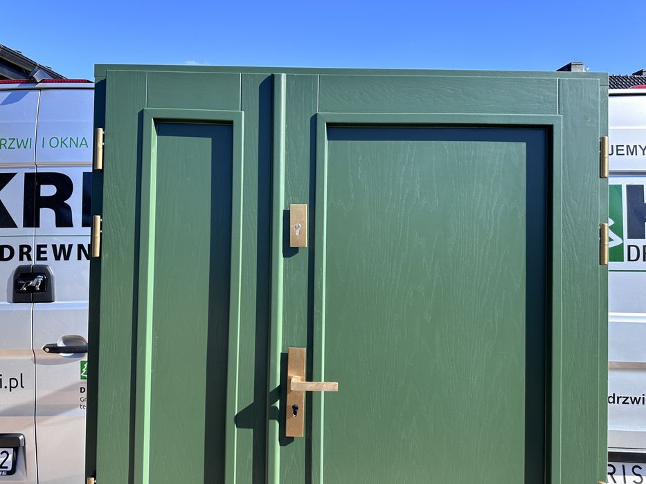 Drzwi zewnętrzne drewniane dwuskrzydłowe zielone Czyste powietrze