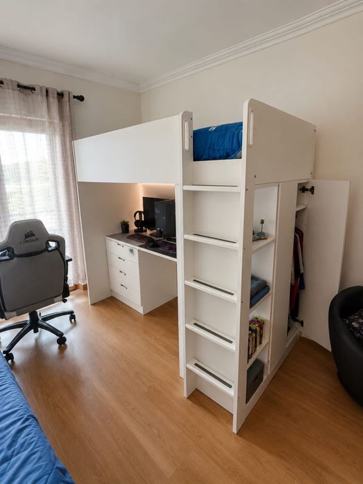 SMÅSTAD - Cama alta, branca com secretária c/4 gavetas