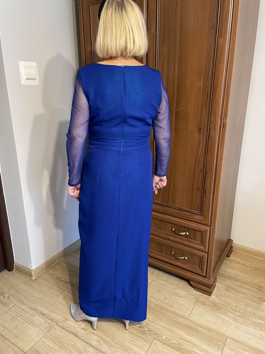 Długa, niebieska elegancka sukienka rozm.44 wesele