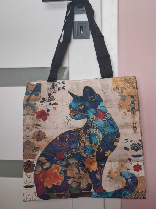 Shopperka torba tote bag niebieski kot kwiaty rośliny boho