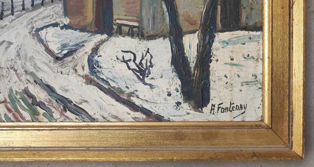 Aldeia no Inverno - Óleo sobre painel - Pintura antiga - Quadro