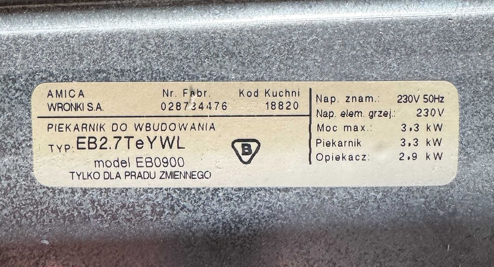Piekarnik AMICA do zabudowy EB2.7TeYWL sprzedaję na części