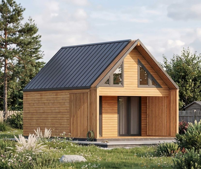 Domek drewniany Amadeusz IV v2 7,7x4,5 m z antresolą i tarasem