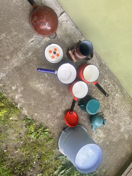 Naczynia emaliowane kanka imbryk czajnik sito PRL