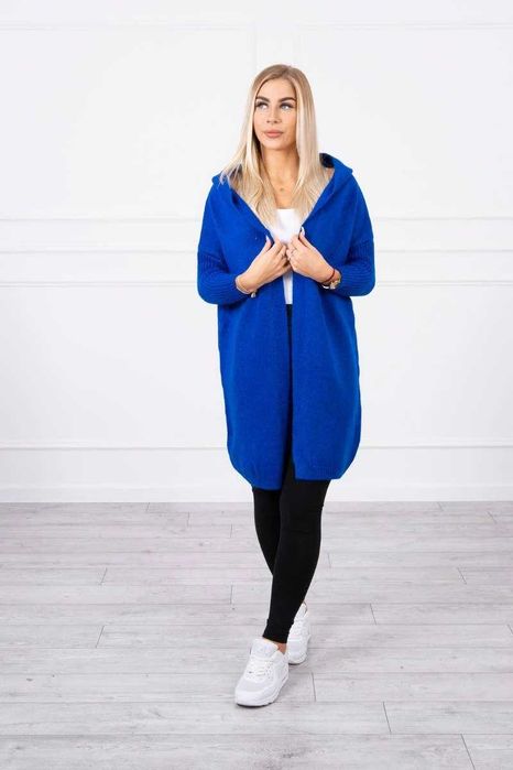 NOWY długi sweter kardigan z kapturem chabrowy