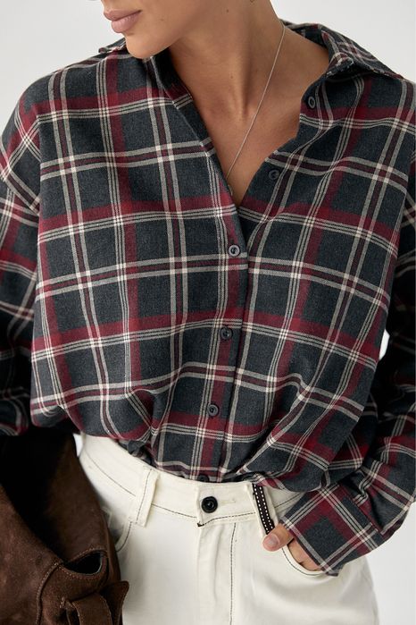 Трендова оверсайз сорочка в клітинку, картата сорочка сірий/бордовий
