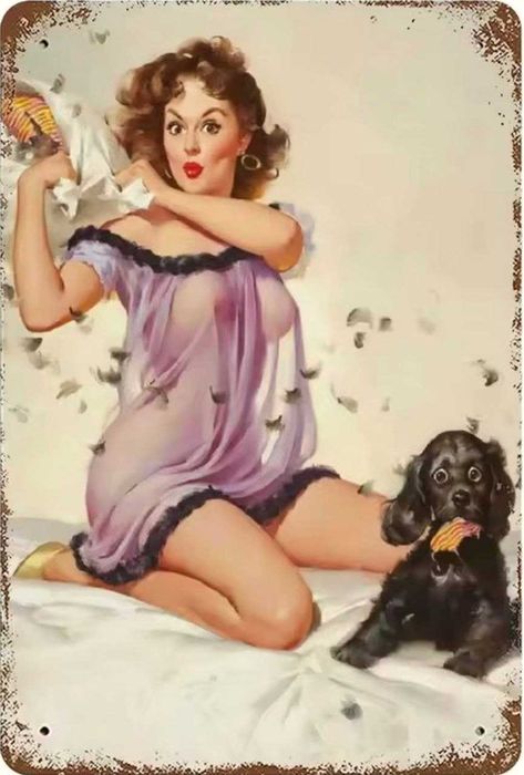 Плакат постер на металле "Пин-ап Девушка и Щенок" 14х20 см