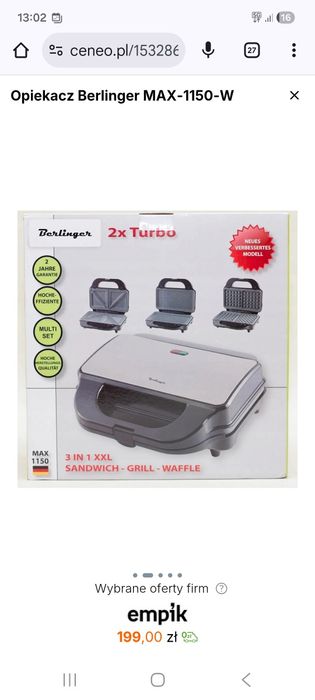 Gofrownica, Grill, Toster BERLINGER opiekacz 3 w 1