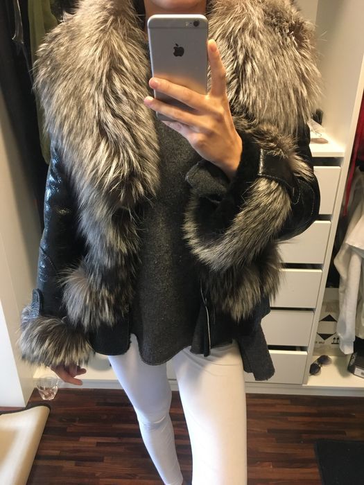 Prawdziwy kozuch lis naturalny futro S czarne kurtka skora