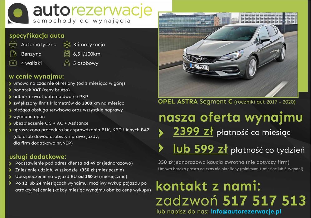 Wynajem wypożyczenie samochodów/aut za 1299 za 30 dni lub 335 co 7 dni