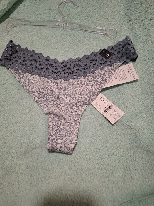 Nowe Majtki Etam Stringi Roz. S - Niebieskie Paisley z Koronką - Z Metką