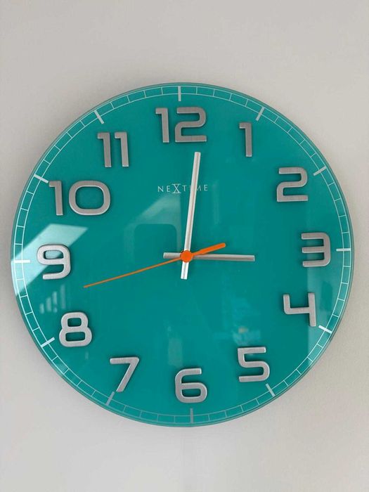 Zegar ścienny NEXTIME – turkusowy, szklany, Ø 30 cm