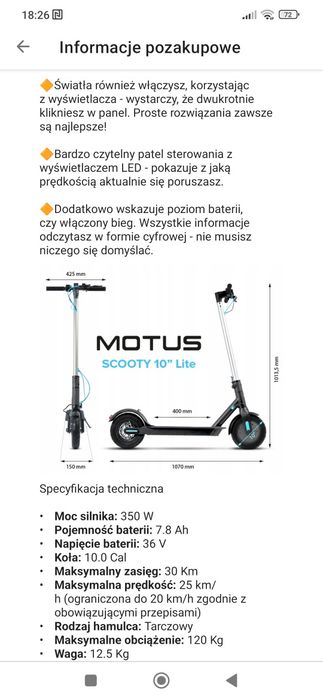 Hulajnoga elektryczna MOTUS SCOOTY 10LITE