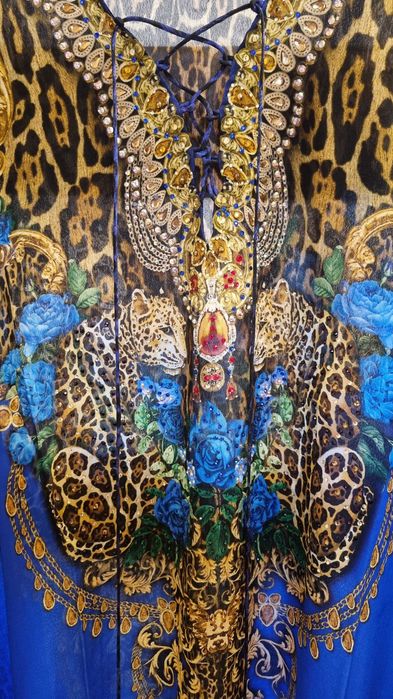Sukienka jedwabna kaftan tunika Swarovski złoto
