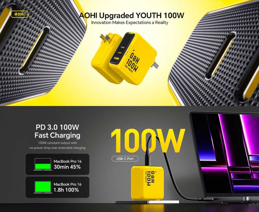 Зарядний пристрій AOHi The Youth 100W 3-Port GaN Charger EU (AOC-C018)