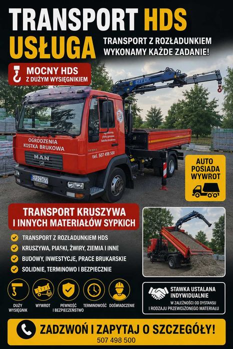 Transport HDS | Mocny HDS z dużym wysięgnikiem | Wywrotka | Transport materiałów