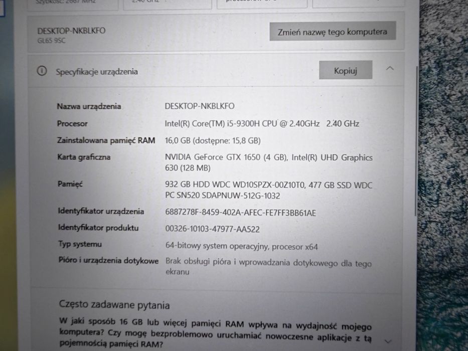 Laptop MSI gl65 95C