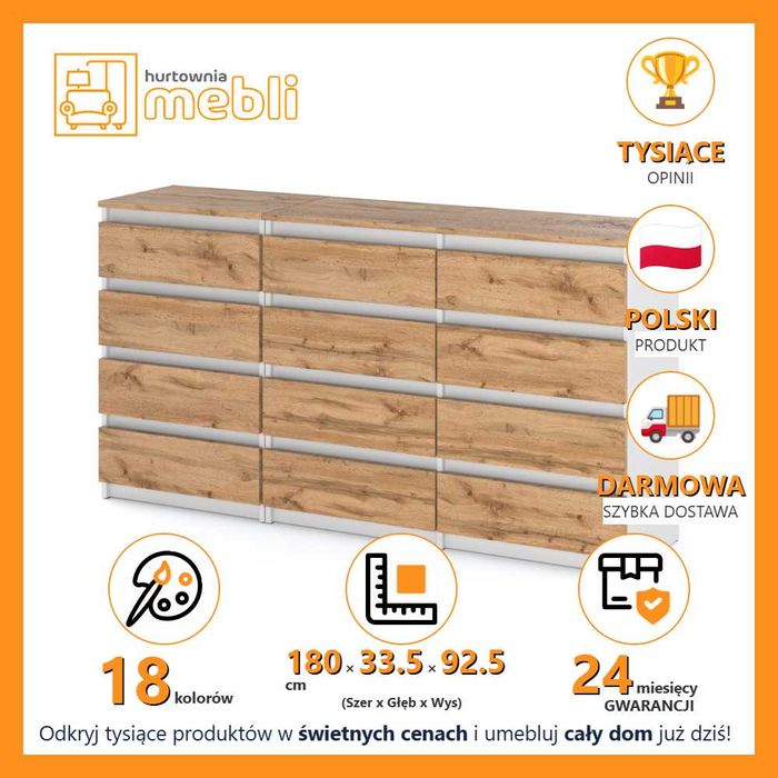 Nowoczesna Duża Szeroka Komoda 180cm Szafka 12 Szuflad Młodzieżowa