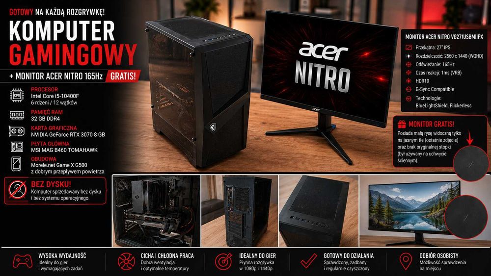 Komputer Gamingowy RTX 3070 i5 32GB + Acer Nitro 165Hz GRATIS