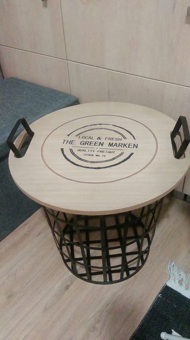 Stolik stoliczek industrialny drewniany kosz druciany metalowy,  loft