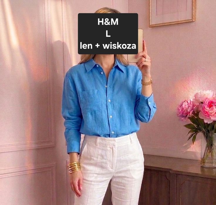 H&M lniana koszula niebieska błękitna oversize M L