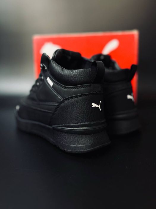 Высокие зимние кроссовки Puma/ ботинки красовки Пума черные кожанные