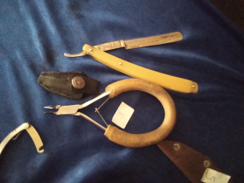 Нож ручной работы, маникюрные щипцы.бритва,булава.